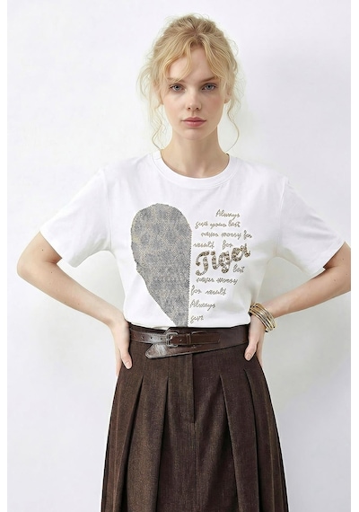 Shade Kadın Leopar Kalp Taş İşlemeli Bisiklet Yaka Regular Fit T-shirt 2210 60283976 - Beyaz