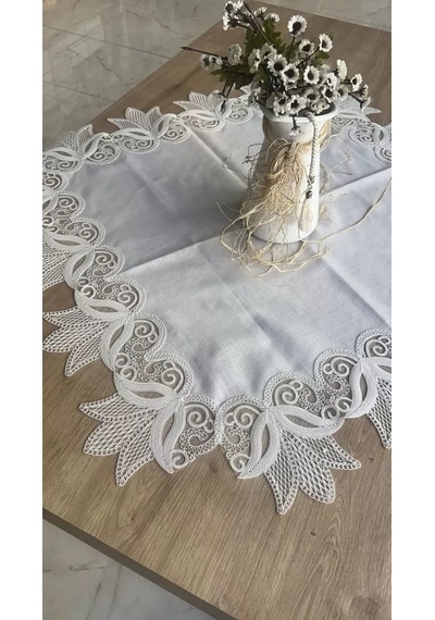 Kayla Kreme Gold Fransız Dantel Detaylı Kare Sehpa Örtüsü 88x88 Cm Dekoratif Renkli