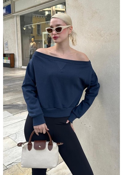 Madmext Lacivert Kayık Yaka Kadın Sweatshirt Mg2239 Lacivert