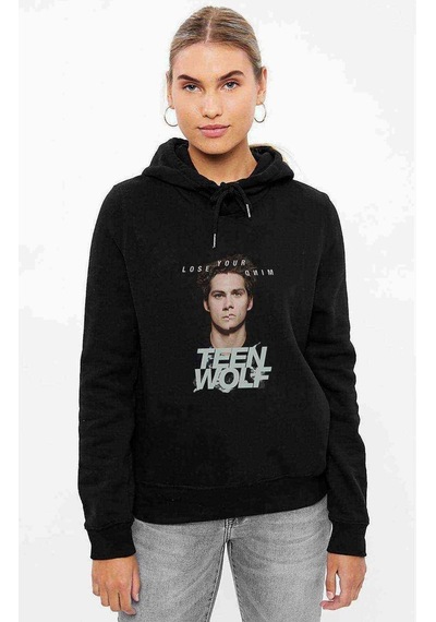 Teen Wolf Lose Your Mind Baskılı Siyah Kadın Kapşonlu Sweashirt