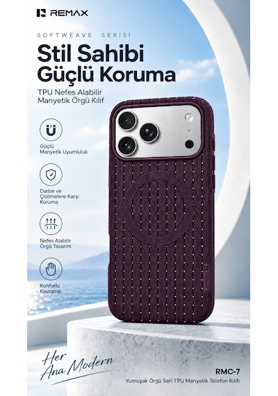Remax Softweave Series İphone 17 Pro Max Uyumlu Mıknatıslı Örgü Desen Nefes Alan Tpu Kılıf Rmc-7 - Kırmızı
