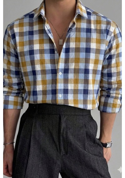 Cool Tarz Erkek Ekose Gömlek Slim Fit Pamuklu Uzun Kollu Günlük Şık Gömlek Mavi Mavi