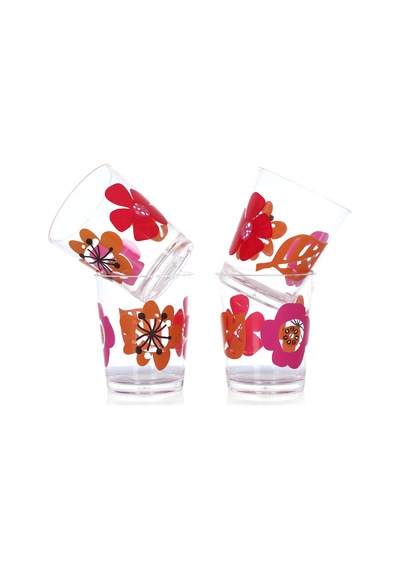 Sıa Su Bardağı 4 Lü Set Kırmızı Papatya Desenli