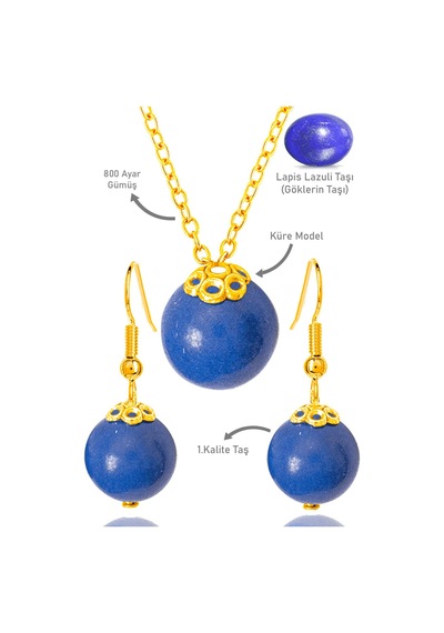 Sertifikalı Gold Küre Model Lapis Lazuli Taşı Kolye Ve Küpe Seti Çok Renkli
