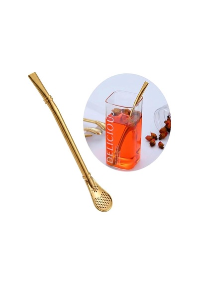 Paslanmaz Çelik Süzgeçli Tekrar Kullanılabilir İçecek Kaşığı Pipet, Gold