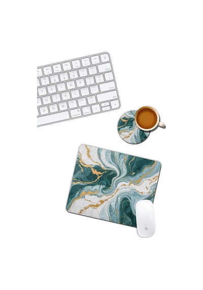 Yeşil Mermer Desenli Mouse Pad Ve Bardak Altlığı Set