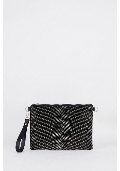 Vivaq Kadın Zebra Gümüş Taşlı Süet Bilek Askılı Ve Zincir Askılı Portföy El Ve Clutch Çanta SİYAH