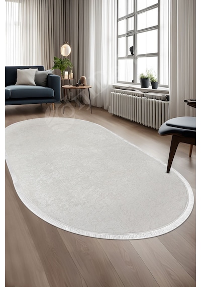 Dijidekor Halı Krem Cool Janjanlı Oval Saçaklı Kesme İnce Yol... Açık Krem