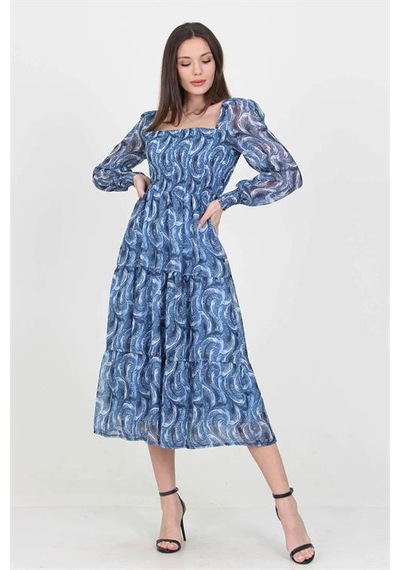 Neşeli Butik Kadın İndigo Desenli Kare Yaka Gipeli Şifon Elbise Nb10036 Indigo