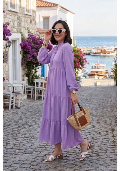 Lela Modest Regular Fit Dik Yaka Uzun Bayan Elbise 611El545 Eflatun