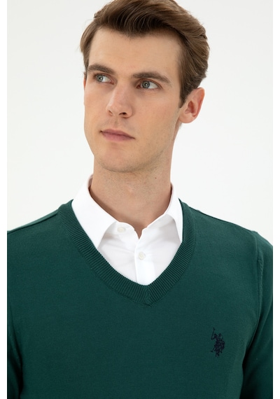 U.S. Polo Assn. Erkek Slim Fit V Yaka Koyu Yeşil Basic Kazak 50293512-VR079