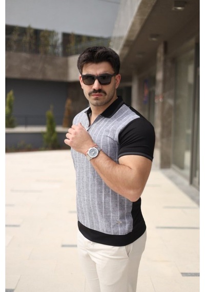 Butik İstanbul Erkek Polo Yaka Fermuar Detaylı Çizgili Tişört Siyah