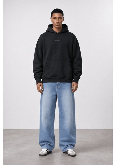 Respire Erkek Da Vinci Baskı Detaylı Oversize Hoodie Siyah