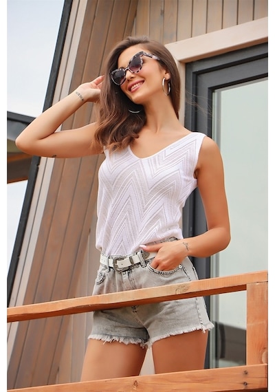 Aqe Fashion Ön Arka V Yaka Kolsuz Askılı Sim Detaylı Beyaz-Beyaz