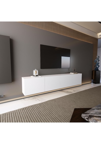 Modern Mobilya Paris Tv Ünitesi Tv Sehpası Duvara Monte 4 Kapaklı Beyaz 240 Cm Beyaz