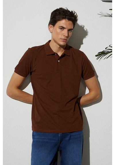 Tudors Erkek Slim Fit Dar Kesim Pamuklu Yumuşak Doku Nefes Alan Kumaş Kahverengi Polo Yaka Tişört-31623