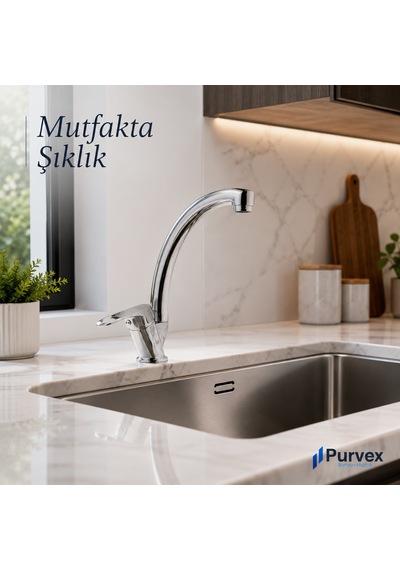 Purvex Home Klasik Mix Kuğu Evye Bataryası - Pirinç Gövde Krom Kaplama Aç-kapa Mutfak Tezgah Üstü Musluğu