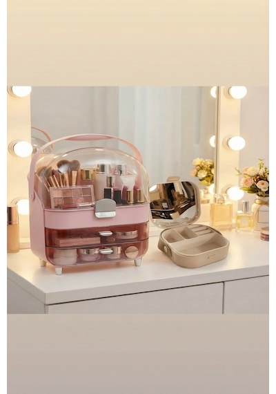 Makri Home Çok Bölmeli Şeffaf Çekmeceli Makyaj & Kozmetik Organizeri Pembe Ve İkili Çekmeceli Organizer Pembe