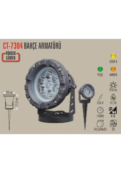 Ct-7304 Amber Işık Yüksek Lümenli 15w Kazıklı Ledli Bahçe Armatürü 220v Amberışık Amber