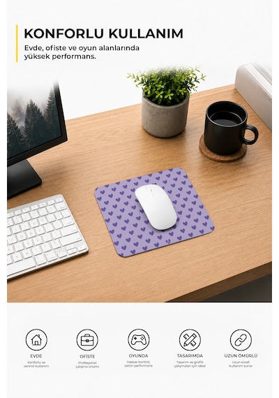 Mor Renkli Kalpli Desenli Ergonomik Mouse Pad, Kaymaz Yüzey İle Ev Ve Ofis Kullanımı İçin İdeal