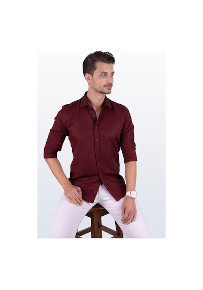 Koyu Bordo Baklava Desenli Slimfit Gömlek Koyu Bordo