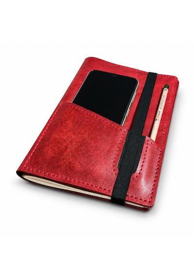 Bilikolik Hakiki Deri A5 Defter Kılıfı, El Yapımı, Telefon Cepli Ajanda Organizer, Defter Ve Kalem Dahil Kırmızı