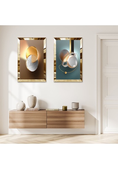 Gold Aynalı Pleksi Çerçeveli Renkli Arka Planlı Modern Soyut Desen İkili Mdf Tablo Seti