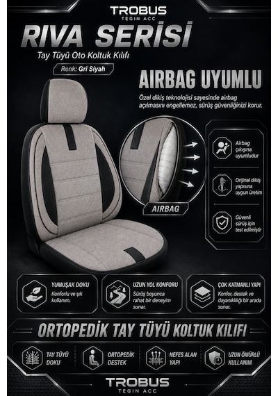 Citroen Berlingo 2004-2018 Uyumlu Riva Serisi 2+1 Ticari Gri Siyah Ortopedik Koltuk Kılıfı