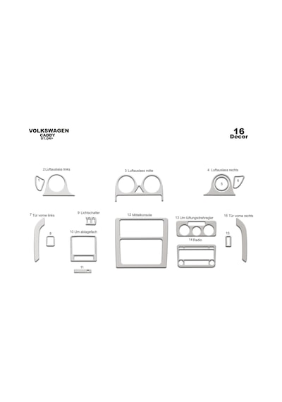 Volkswagen Caddy Torpido Kaplama 2004-2009 16 Parça Alüminyum