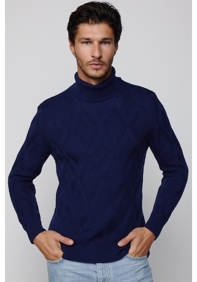 Tudors Slim Fit Dar Kesim Tam Balıkçı Yaka Desenli Sax Mavi Erkek Triko Triko Kazak-29719-sax Mavi Saks