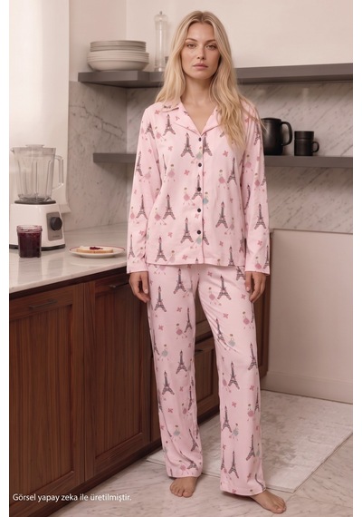 Siyah İnci Pembe Desenli Termal Kumaşlı Ultra Soft Yumuşak Düğmeli Örme Pijama Takımı 26226826