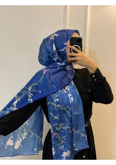 Van Gogh Çiçek Açan Badem Ağacı Art İpek Şal Mavi