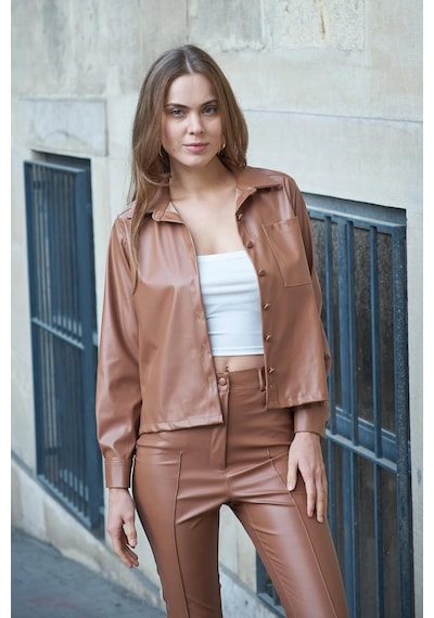 Kadın Hafif Likralı Ekolojik Deri Yakalı Cepli Uzun Kol Ceket Gömlek Pantolon İçin Jument 40086 -camel CAMEL Kadın Hafif Likralı Ekolojik Deri Yakalı Cepli Uzun Kol Ceket Gömlek Pantolon İçin Jument 40086 -camel CAMEL
