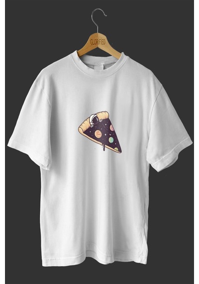 Noıssey -wed Pizza Dilim Astronot Tasarım Baskılı Oversize T-shirt Tişört Beyaz