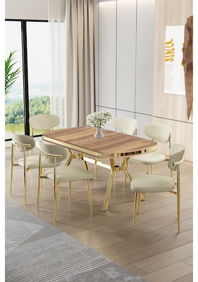 Canisa Olya Serisi 90x168 Lak Panel Hazar Masa Takımı Gold Ayaklı 6 Krem Sandalye Hazar Masa Krem Sandalye Canisa Olya Serisi 90x168 Lak Panel Hazar Masa Takımı Gold Ayaklı 6 Krem Sandalye Hazar Masa Krem Sandalye