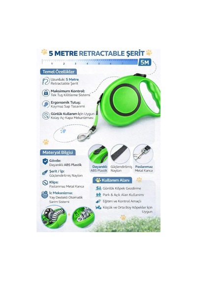 5 Metre Otomatik Geri Sarımlı Köpek Gezdirme Tasması, Dayanıklı Retractable Pet Leash, Ergonomik Kaymaz Tutma Sapı, Güçlü Metal Klips, Küçük Orta Irk Evcil Hayvanlar İçin Yeşil Diğer