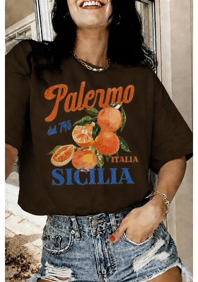 Palermo Sicilya Portakal Temalı Bisiklet Yaka Pamuklu Oversize T-shirt Kahve