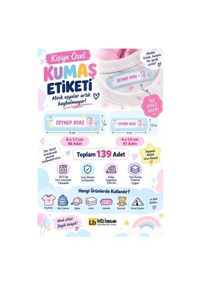 Okul Etiketi, Kişiye Özel Kumaş Etiketi, Unicorn Etiketi - 139 Adet Çok Renkli