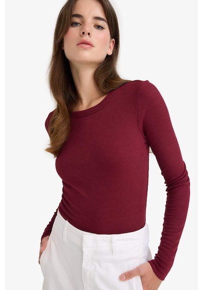 Defacto Slim Fit Dar Kesim Basic Düz Fitilli Kaşkorse Uzun Kollu Tişört E5767ax25aubr115 Bordo