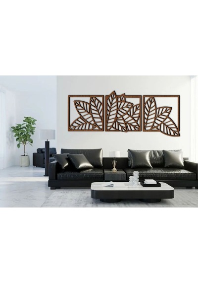 Yaprak Model 3 Lü Dekor Ahşap Duvar Süs Tablo Ceviz Renk 147x52 Cm