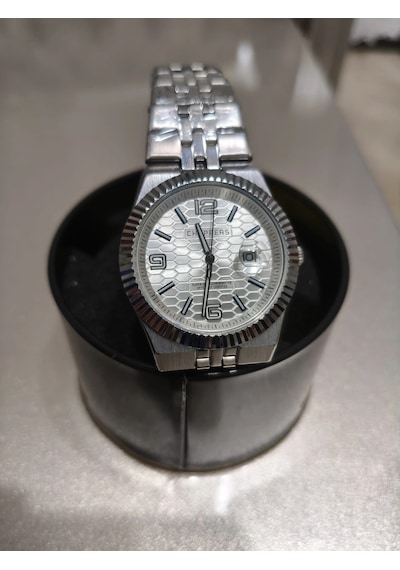 Analog Quartz Makina Metal Erkek Kol Saati Beyaz Kadran Su Geçirmez Altın - Gümüş