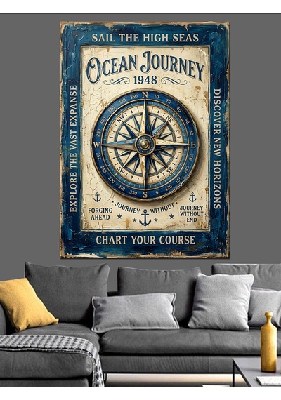 Okyanus Yolculuk Pusula Vintage Poster Dekoratif Kanvas - Mdf Ahşap Tablo