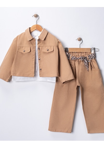 Harika Kids Kız Çocuk Gabardin Ceketli Takım Düğmeli Dokuma Gömlekli, Beli Lastikli Kemerli Pantolon 2-5 Yaş Camel