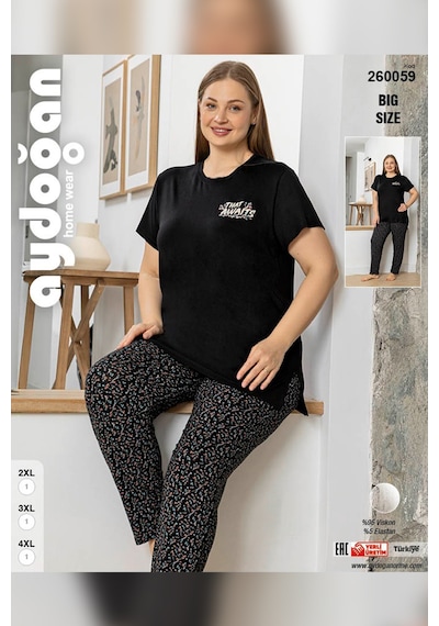 Aydoğan Kadın İnci Büyük Beden Kısa Kol Siyah Pijama Takım 0059 Siyah