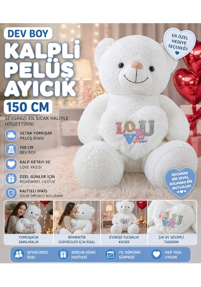Dev Boy Kalpli Peluş Ayıcık 150 Cm Ultra Yumuşak Büyük Boy Sevgiliye Özel Hediye Ayı Beyaz