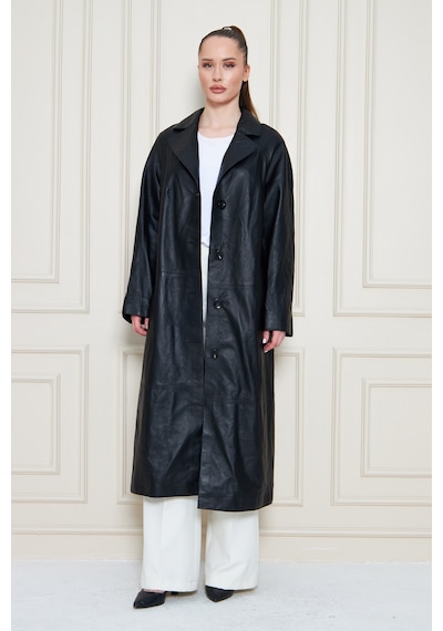 M M Marki Marki Kadın Hakiki Deri Trençkot Siyah, V Yaka, Kuşaklı, Düğme Kapamalı, Oversize, 120 Cm - 117222
