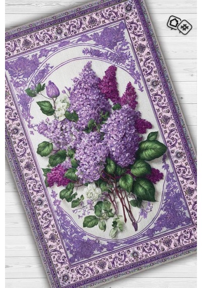 Homshtag Art Deco Leylak Çiçeği Vintage Halı Görünümlü Dijital Baskı Mor Halı,rustik Çiçekli Halı Çok Renkli