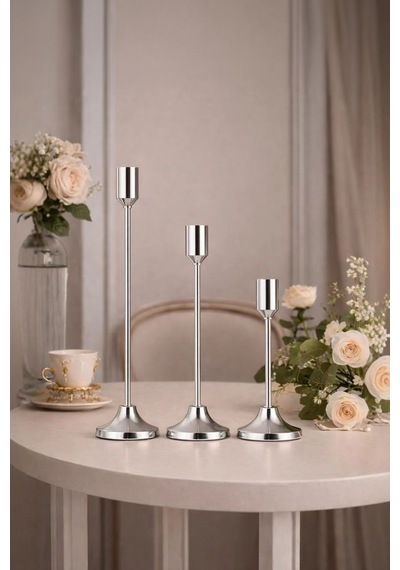 Dekoratif Gümüş Metal Mumluk Seti - 3 Farklı Boy 22cm, 19cm, 15cm