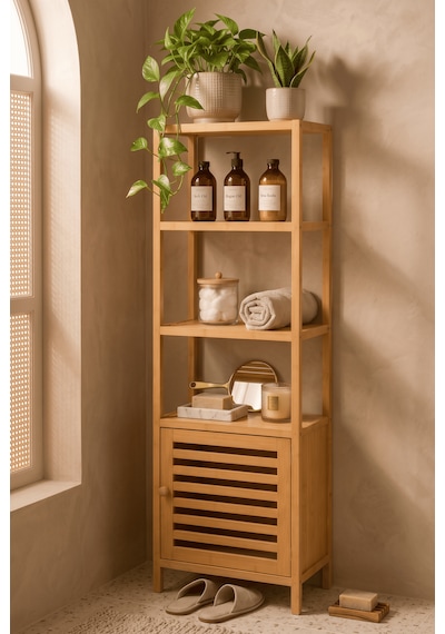 Robin Home Bambu Tek Kapaklı 4 Raflı Çok Amaçlı Düzenleyici Organizer Dolap Bej
