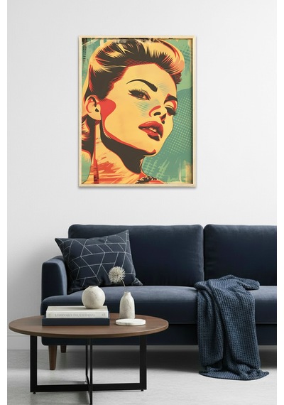 Doğal Ahşap Çerçeveli Pop Art Portre Tablo - Sarı Kırmızı Tonlar Huhu1941